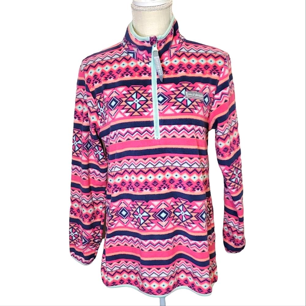 LOVE & PINEAPPLES | Women's hot pink aztec pattern fleece sweater. Size small.